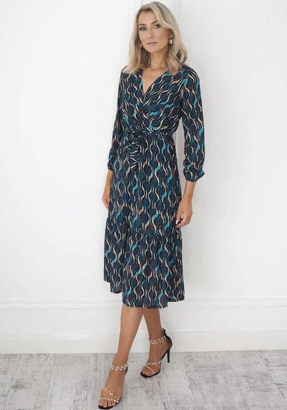 Kate & Pippa Abstract Pattern Print Wrap Midi Dress, Teal Multi Fashionable Casual Midi Dress