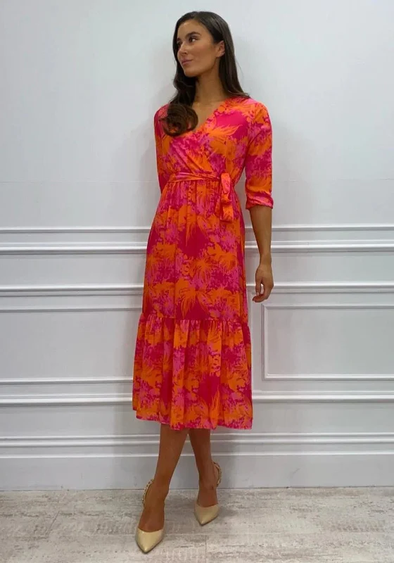 Kate & Pippa Boho Panel End Printed Midi Dress, Pink & Orange Cozy Spaghetti Strap Midi Dress