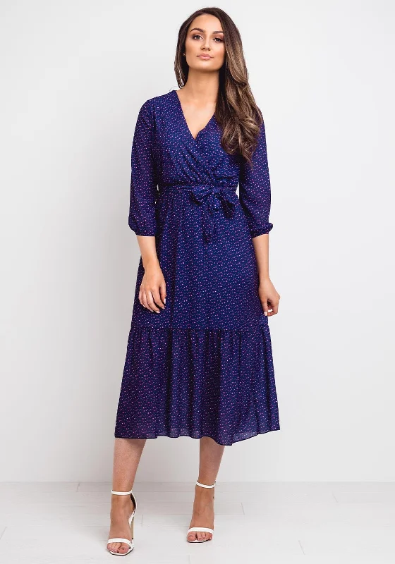 Kate + Pippa Boho Printed Midi Dress, Navy Trendy Smocked Waist Midi Dress