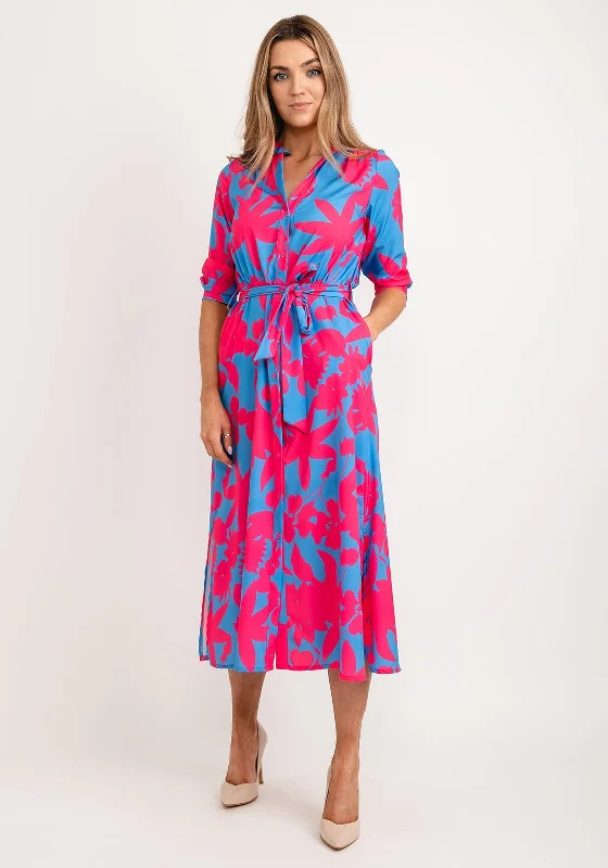 Kate & Pippa Capri Leaf Print Midi Dress, Blue & Pink Comfortable Fit-and-Flare Midi Dress