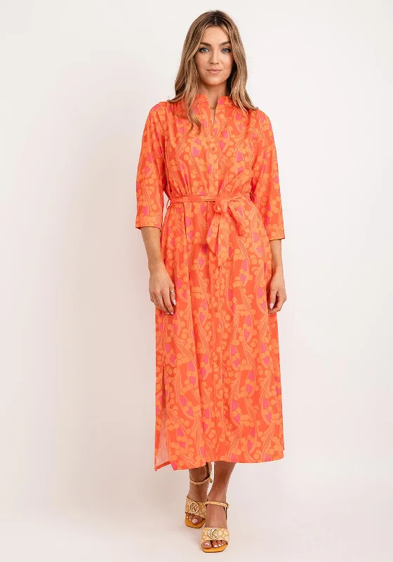 Kate & Pippa Capri Swirl & Dot Print Midi Dress, Orange & Pink Stylish Satin Midi Dress