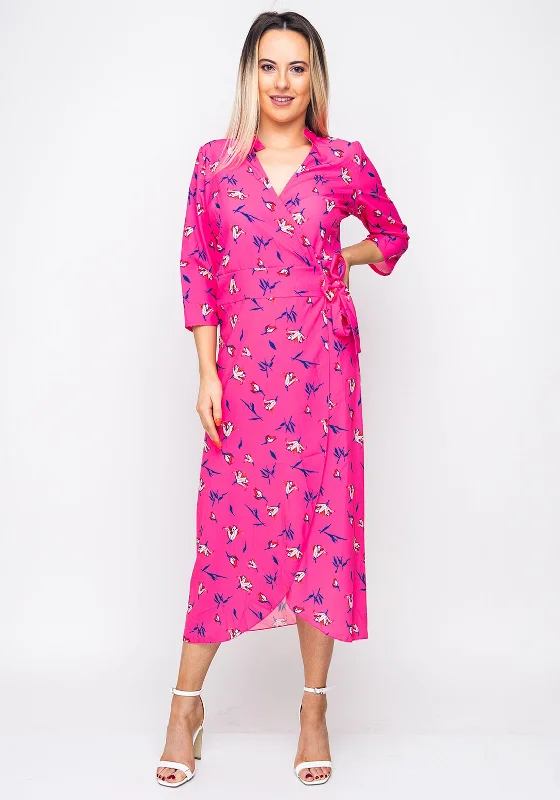 Kate & Pippa Floral Wrap Midi Dress, Pink Fashionable High-Neck Midi Dress