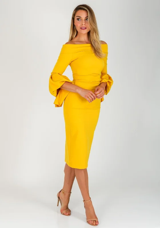 Kevan Jon Ceiba Bardot Midi Dress, Mustard Comfortable Adjustable Strap Midi Dress