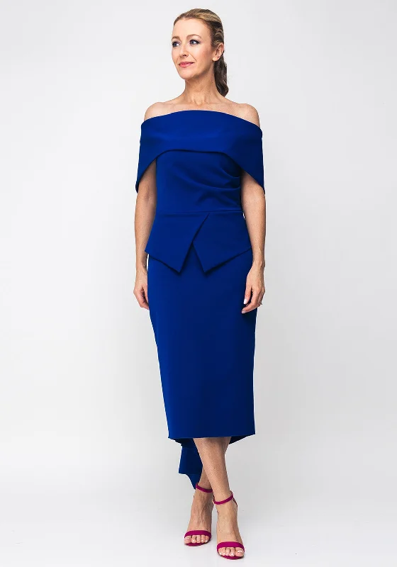 Kevan Jon Queenie Peplum Midi Dress, Cobalt Blue Trendy Smocked Waist Midi Dress