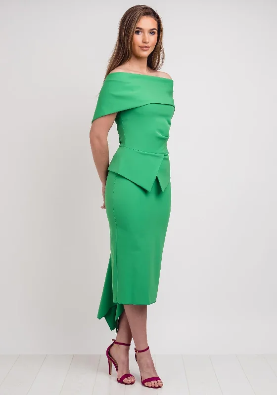 Kevan Jon Queenie Peplum Midi Dress, Emerald Green Fashionable Off-Shoulder Dress Midi