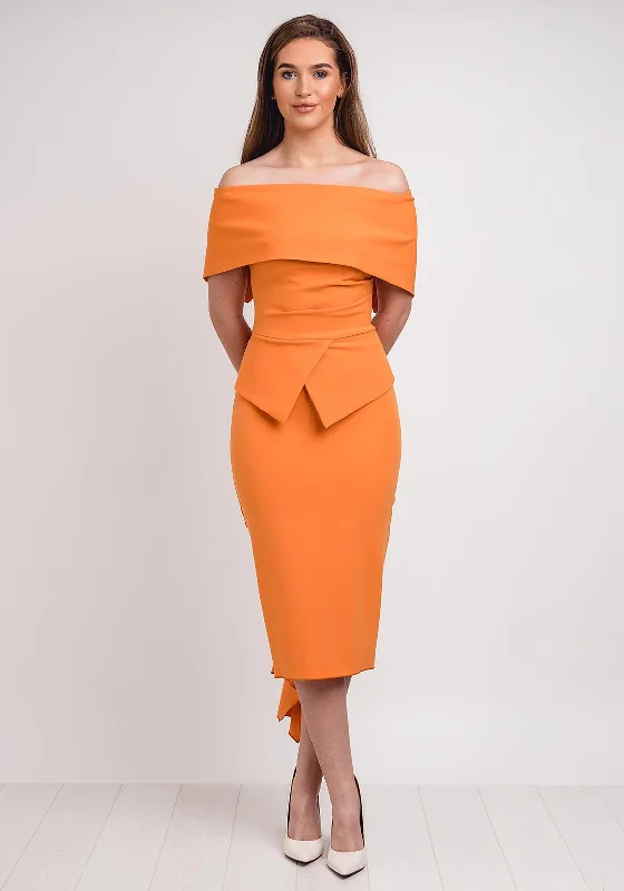 Kevan Jon Queenie Peplum Midi Dress, Orange Elegant Satin Slip Midi Dress