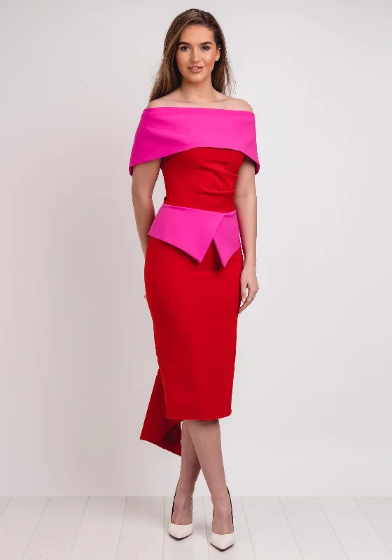 Kevan Jon Queenie Peplum Midi Dress, Red & Pink Cozy T-shirt Midi Dress