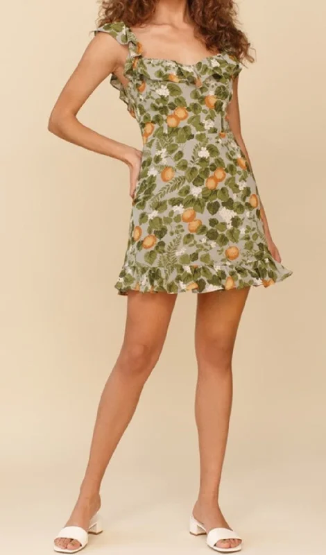 LEAF FRUIT PRINT RUFFLE MINI DRESS IN GREEN Comfortable Bodycon Mini Dress