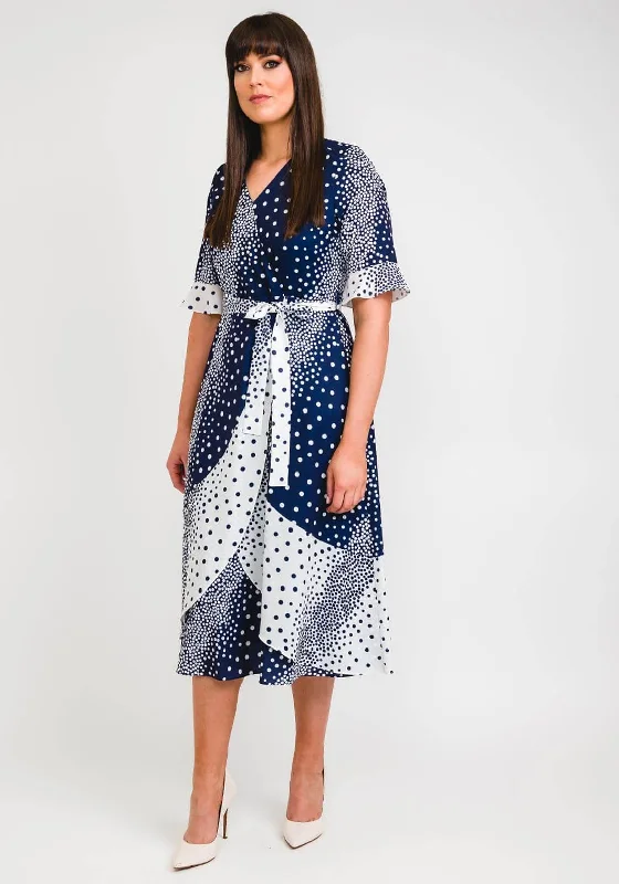 Lizabella Colour Block Polka Dot Print Wrap Midi Dress, Navy & White Trendy Tiered Hem Midi Dress