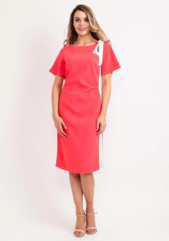 Lizabella Contrast Bow Seam Midi Dress, Coral Pink Trendy Mock Neck Midi Dress