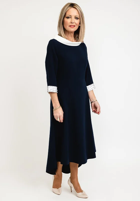 Lizabella Cowl Neckline Midi Dress, Navy and White Trendy Floral Wrap Midi Dress