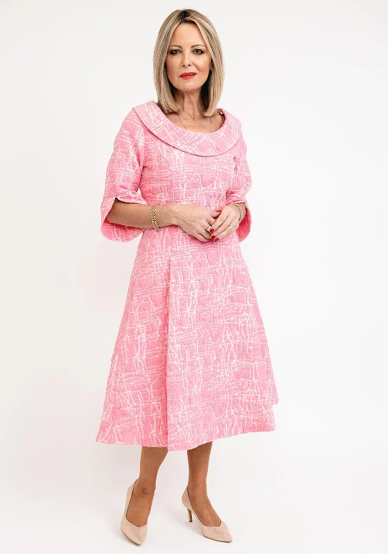 Lizabella Cowl Neckline Textured Flared Midi Dress, Hot Pink Trendy Smocked Waist Midi Dress