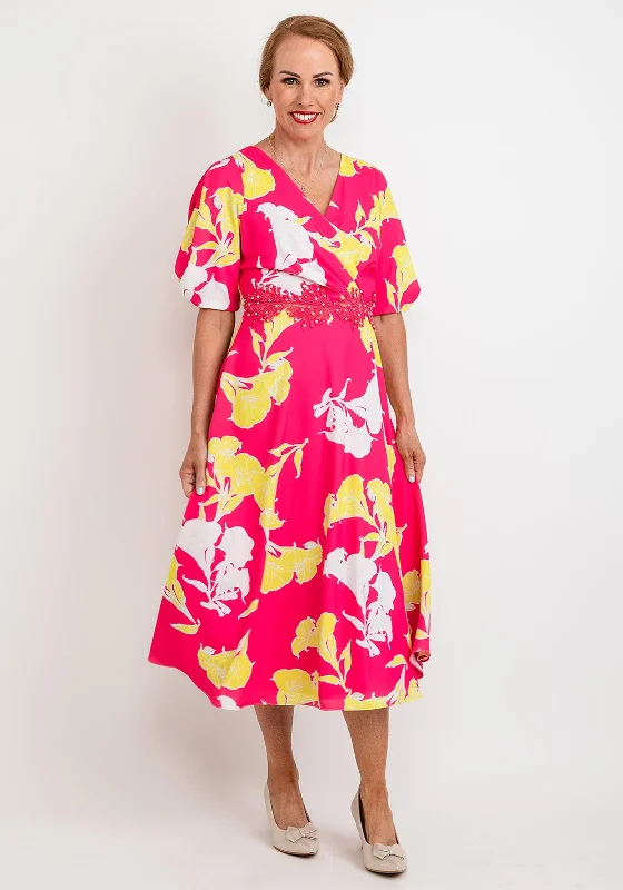 Lizabella Floral Embroidered Waist Midi Dress, Pink & Yellow Comfortable Floral Print Midi Dress