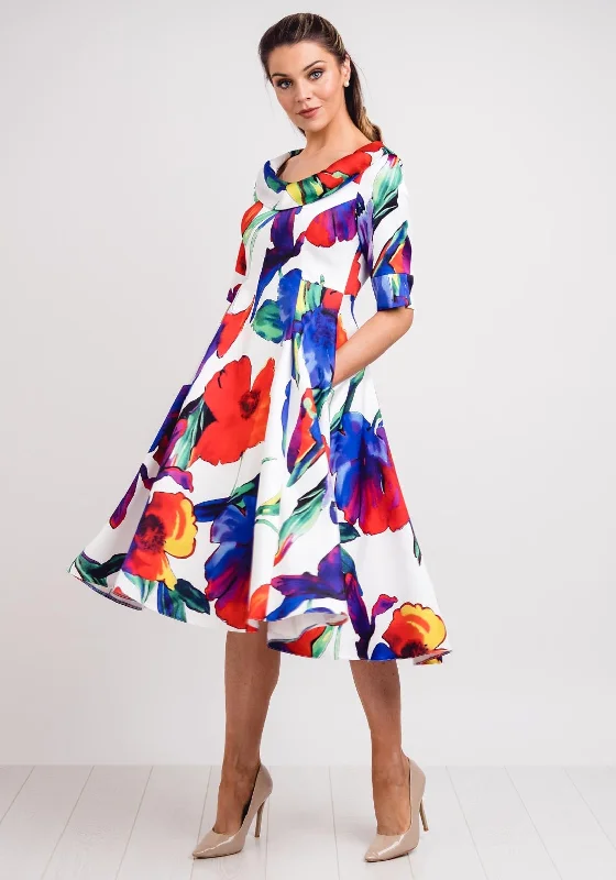 Lizabella Floral Satin Flared Midi Dress, Multi Trendy Off-Shoulder Button Midi Dress