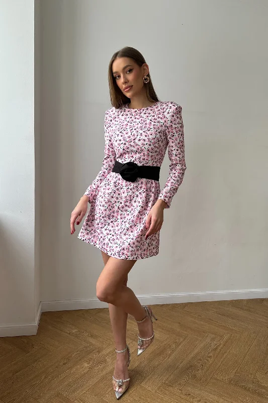 Long Sleeve Mini Dress with removable Rose belt Elegant Sequin Mini Dress