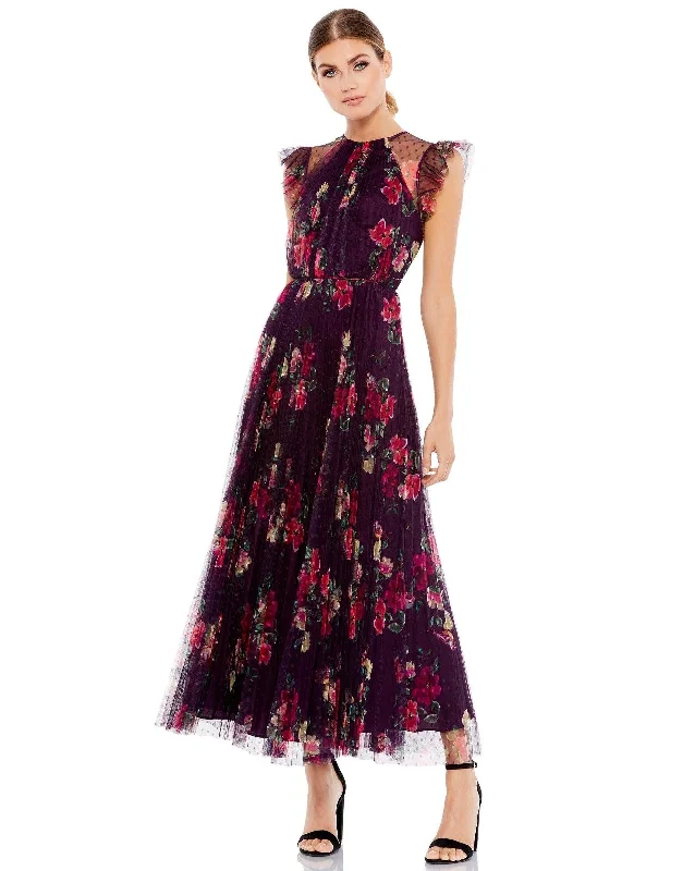 Mac Duggal 2143 Floral Print Cap Sleeve Midi Dress Stylish Button-Down Midi Dress