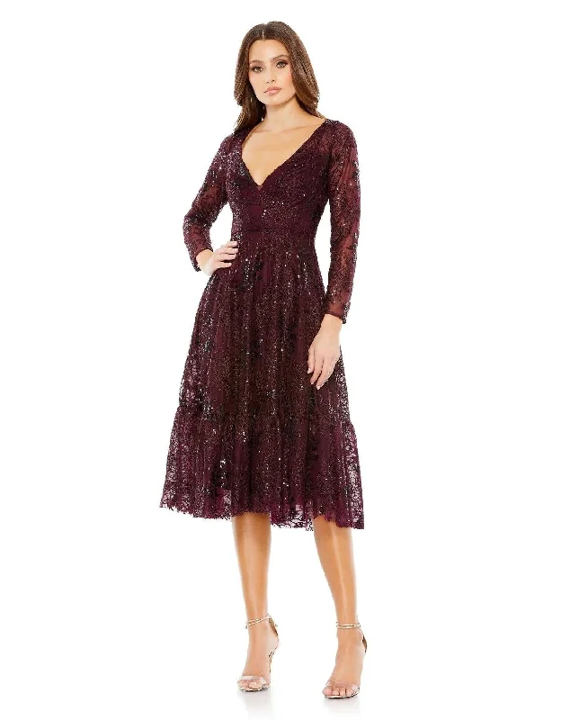 Mac Duggal 68001 Long Sleeve Lace Midi Dress Fashionable Fitted Midi Dress