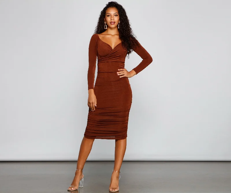 Melissa Long Sleeve Ruched Midi Dress Cozy A-Line Midi Dress