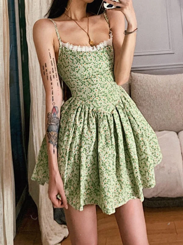 Tie Back Floral Green Mini Dress Fashionable Button-Front Mini Dress