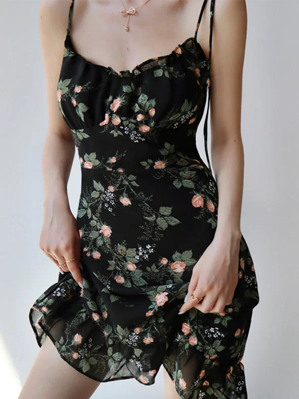 Lace Up Floral Black Mini Dress Chic Sleeveless Mini Dress