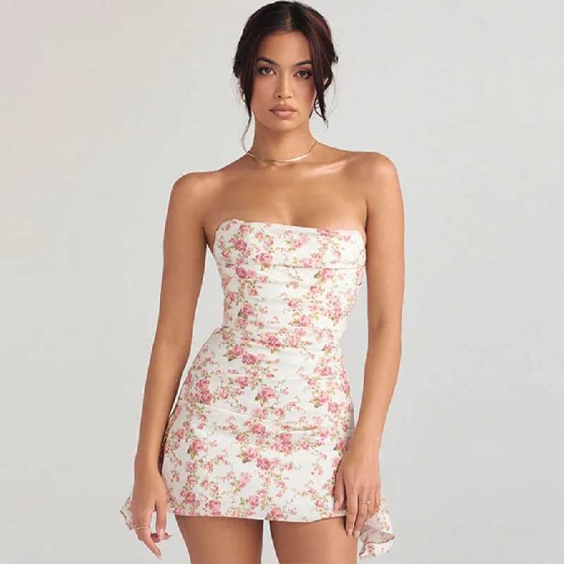 Glamorous Rose Printed Ruched Strapless Corset Mini Dress - Floral Fashionable Mini Dress with Frills