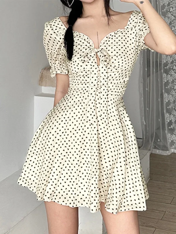 Tie Strap Heart Puff Sleeve Mini Dress Comfortable Shift Mini Dress