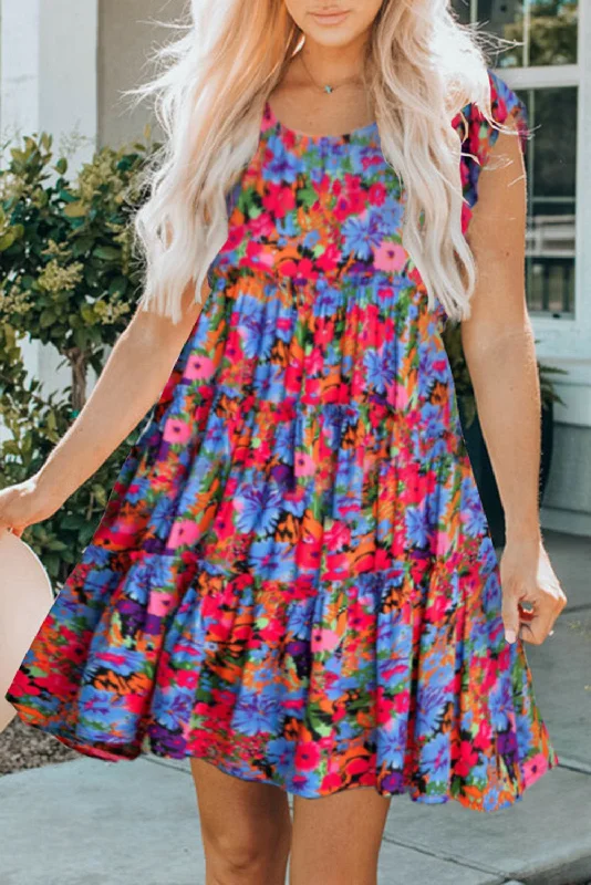 Multicolor Floral Short Sleeve Ruffle Mini Dress Fashionable A-Line Mini Dress