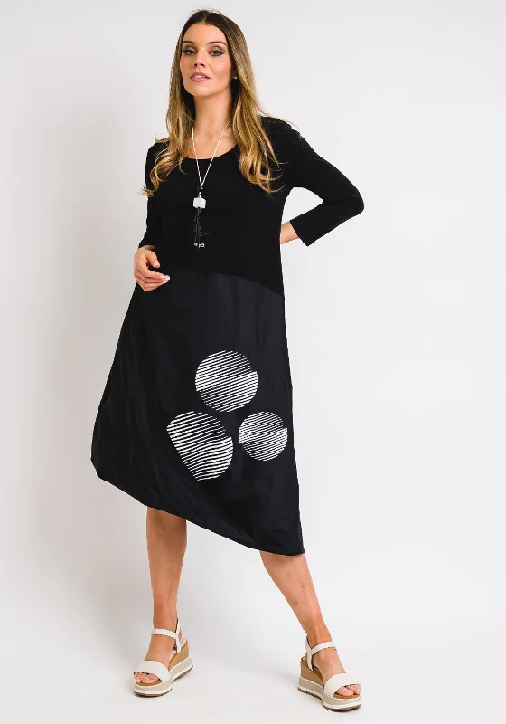 Naya Circle Print Contrast Midi Dress, Black Trendy Off-Shoulder Ruffle Midi Dress