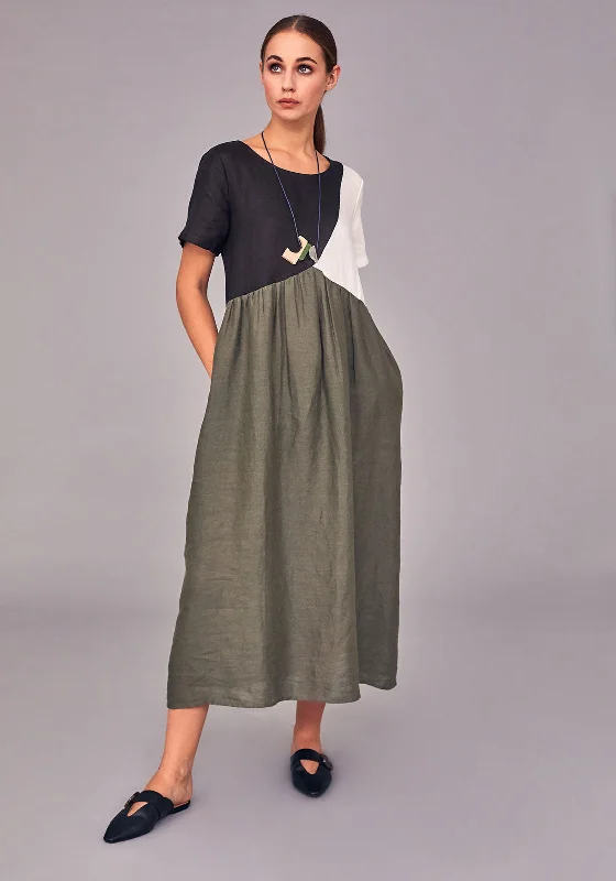 Naya Colour Block Linen Midi Dress, Green Comfortable Knitwear Midi Dress