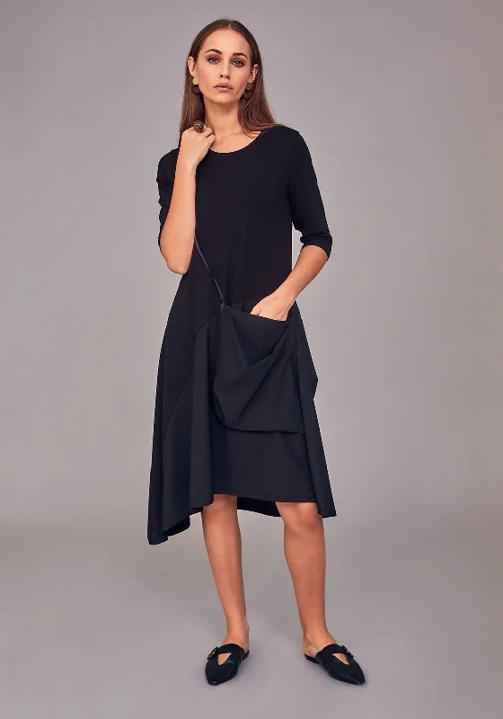 Naya Jersey Pocket Contrast Midi Dress, Black Trendy Ruffle Hem Midi Dress