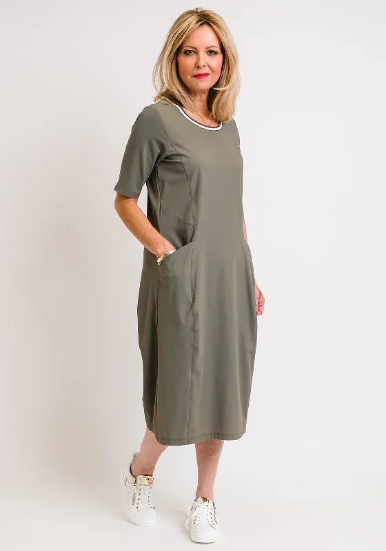 Naya Rib Neck Jersey Panel Midi Dress, Green Stylish Button-Down Midi Dress