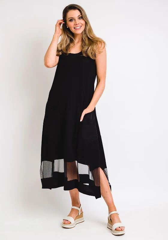 Naya Sleeveless Mesh Panel Midi Dress, Black Cozy Wide Strap Midi Dress