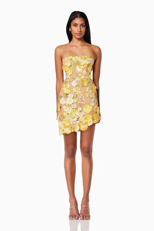 New-Age 3D Floral Mini Dress in Yellow Classic Floral Print Mini Dress