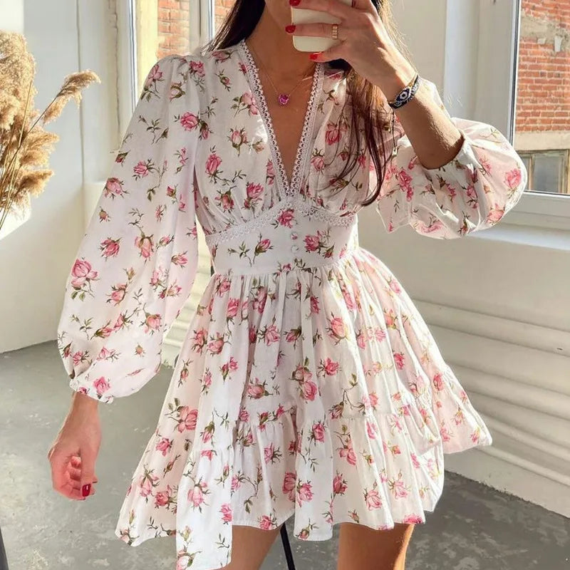 New Fashion Womens Floral Print Mini Dress Summer Long Sleeve Deep V Neck High Waist A-Line Dress Street Style Hot Sale S-XL Elegant Sequin Mini Dress