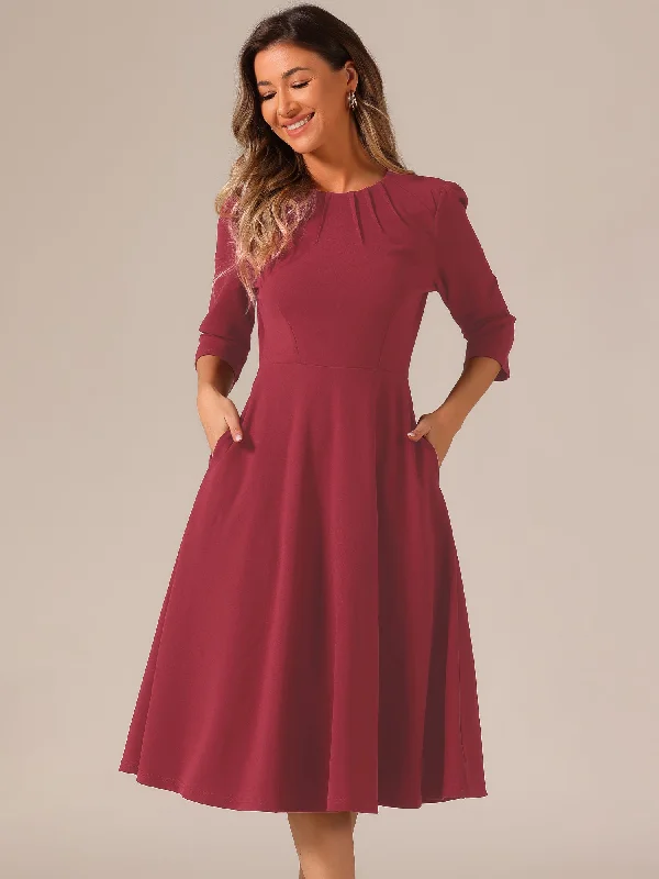 3/4 Sleeve Pleated Round Neck Pocketed A-Line Swing Midi Dress Trendy Knit Midi Dress