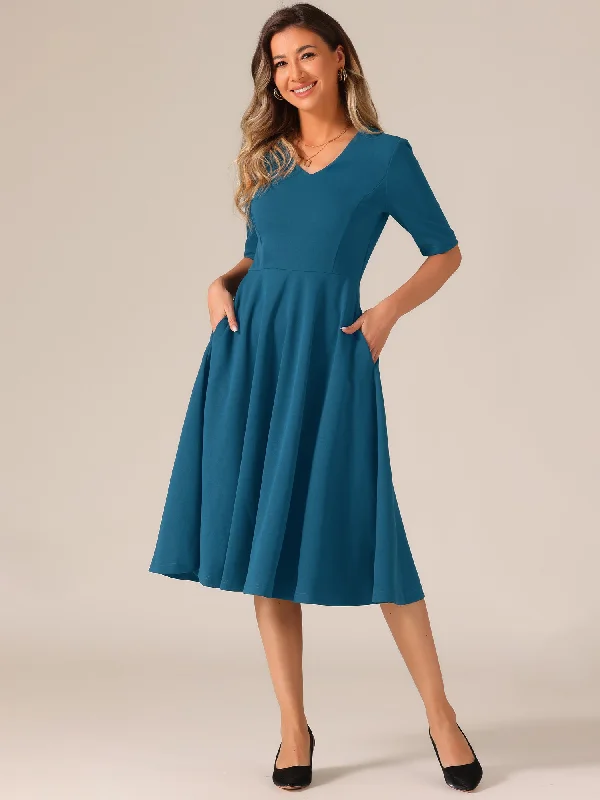 Solid Color V Neck Half Sleeve Pocketed Swing Midi Dress Trendy Smocked Detail Midi Dress