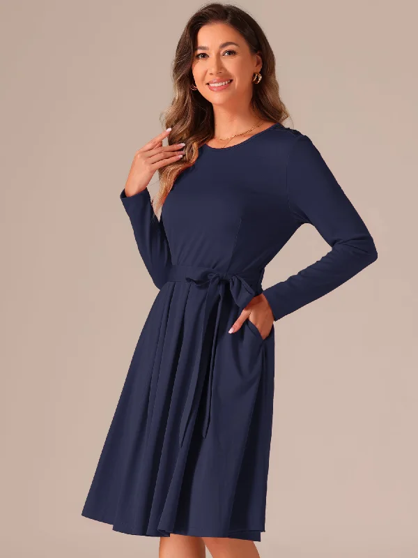 Solid Color Long Sleeve Belted Pockets A-Line Midi Dress Stylish Striped Midi Dress