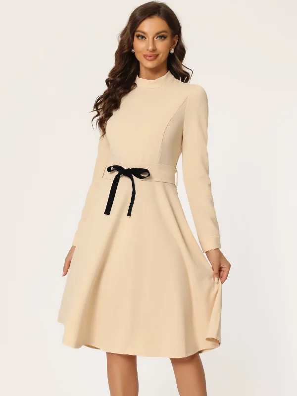 Elegant Sheath Mock Neck Flare Long Sleeve Knit Midi Dress Elegant Pleated Sleeve Midi Dress