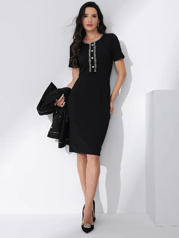 Short Sleeve Button Decor Bodycon Sheath Work Midi Dress Trendy Ruffled Sleeve Midi Dress