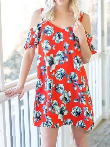 Popular Floral-Print Stripes Off-Shoulder Short Sleeve V Neck Mini Dress Chic Puff Sleeve Mini Dress