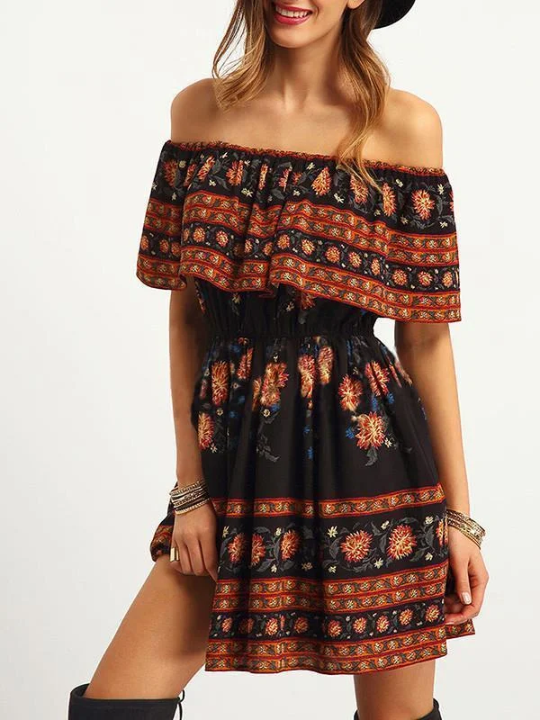 Pretty Bohemia Floral Off Shoulder Elastic Waist Mini Dress Chic Halter Mini Dress