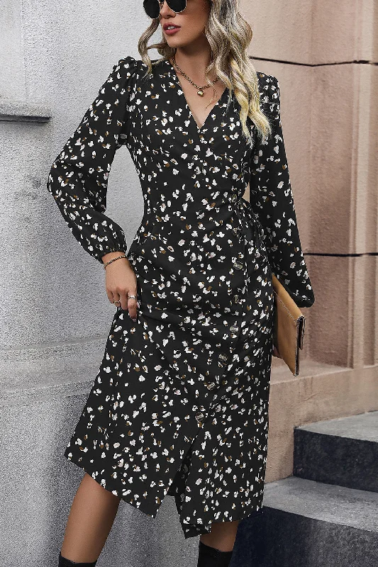 Printed Surplice Neck Long Sleeve Midi Dress Elegant Puff Sleeve Midi Dress