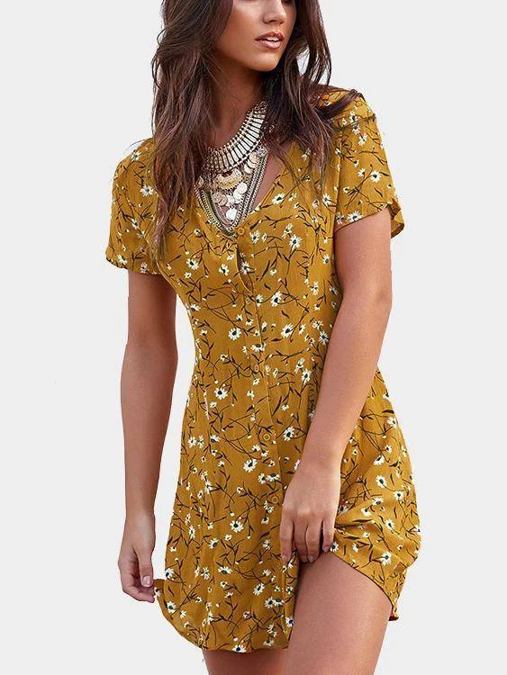 Random Floral Print Button Front Short Sleeves Mini Dress Cozy T-Shirt Mini Dress