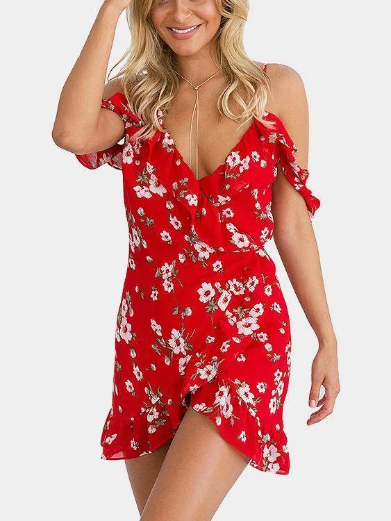 Red Floral Print V Neck Ruffle Cold Shoulder Mini Dress Chic Halter Mini Dress