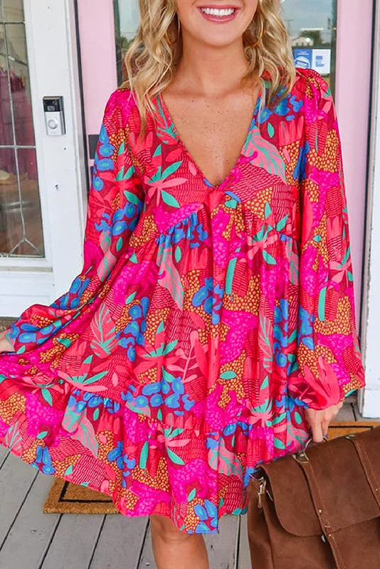 Rose Floral Print V Neck Bubble Sleeve Ruffled Mini Dress Fashionable Mini Dress with Frills