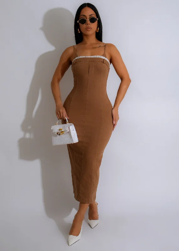 Sahara Chic Midi Dress Brown Stylish Silk Midi Dress