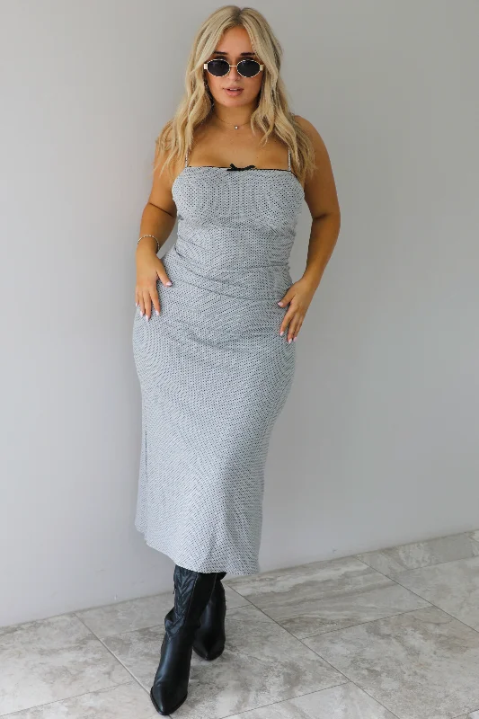 See You Soon Midi Dress: Heather Grey/Black Comfortable Deep V Midi Dress