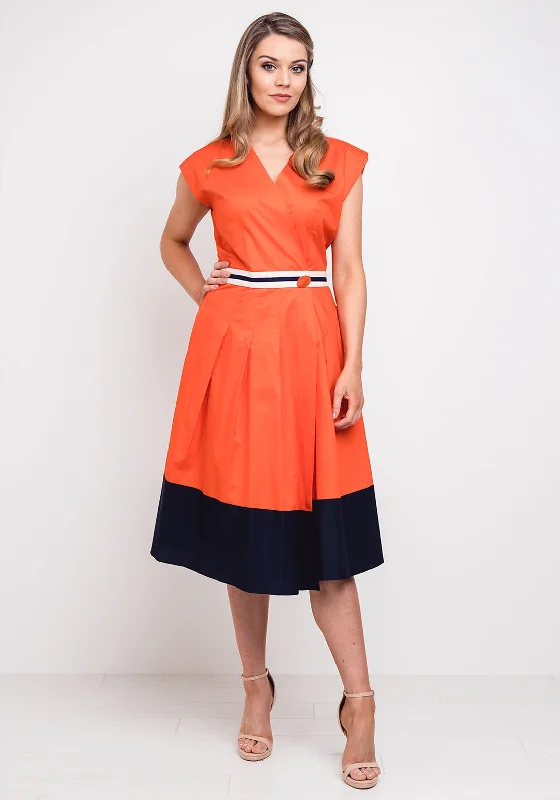 Setre Cotton Wrap Midi Dress, Orange Trendy Ruffled Sleeve Midi Dress