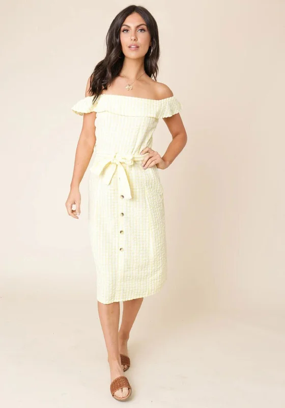 Seventy1 Bardot Gingham Midi Dress, Yellow Cozy A-Line Midi Dress