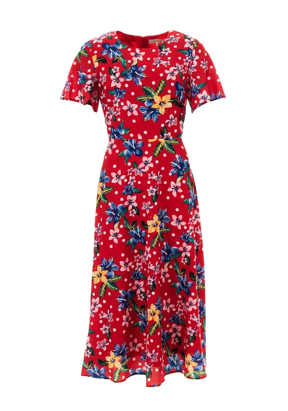 Seventy1 Floral & Dot Print Midi Dress, Red Multi Stylish Cold Shoulder Midi Dress